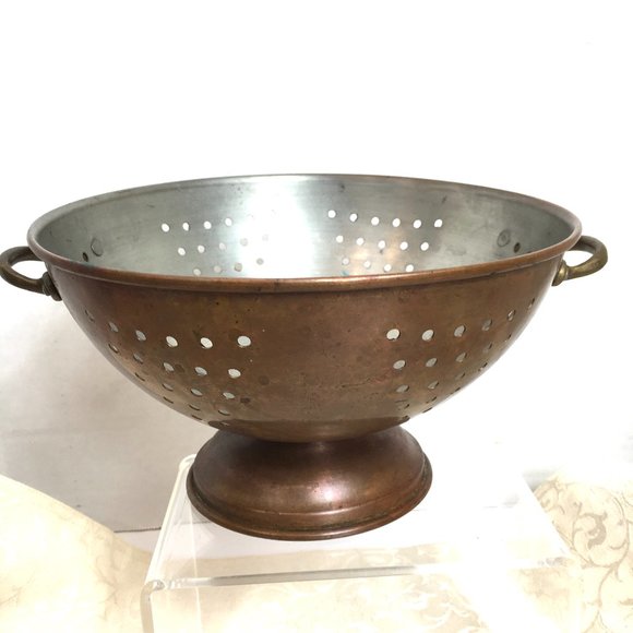 COPPER Collander  with silver metal interior – brass handles VTG - Picture 1 of 10